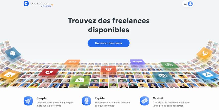 Une image darrière-plan montre des dizaines de freelances disponibles sur Codeur.com.