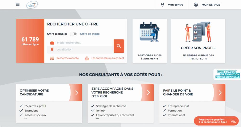 Une page web avec un formulaire de recherche demploi, des liens vers les événements et les conseils pour les demandeurs demploi.