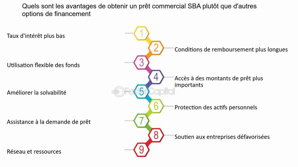 Voici une description alternative de limage :

Limage présente les 9 avantages dobtenir un prêt commercial SBA plutôt que dautres options de financement.