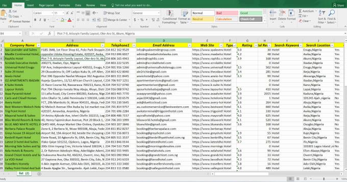 Une feuille de calcul Excel contenant une liste dhôtels, avec des informations telles que le nom, ladresse, le numéro de téléphone, ladresse e-mail, le site web, le type, la note, le nombre total de commentaires, les mots-clés de recherche et lemplacement.