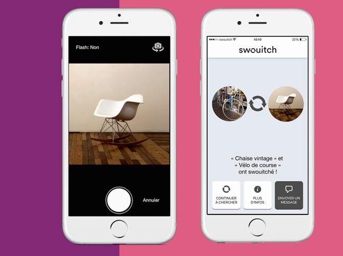 Une capture décran de lapplication Swouitch, qui permet de rechercher des produits en prenant une photo.