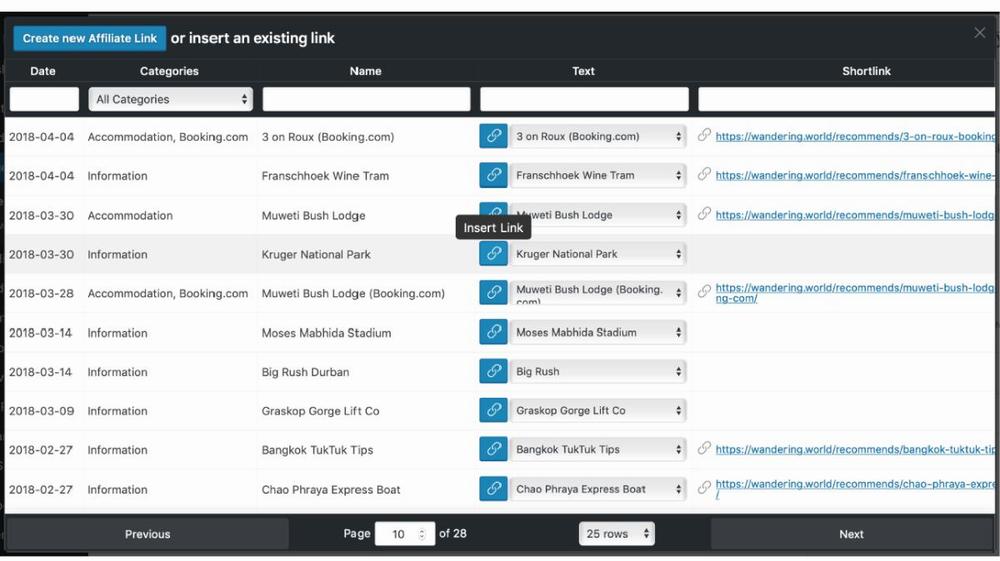 Une capture décran dune page Web avec un tableau de liens daffiliation, avec des colonnes pour la date, la catégorie, le nom, le texte et le raccourci.