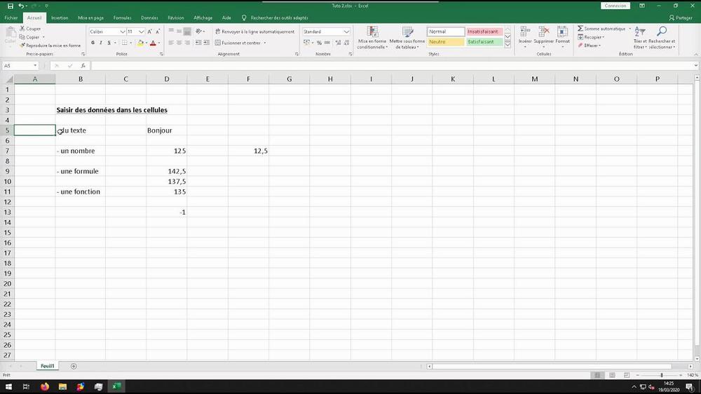 Une capture décran dun tableur Excel avec des exemples de texte, de nombre, de formule et de fonction.