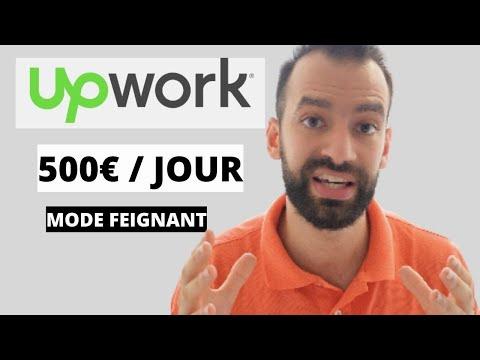 Un homme avec une barbe parle devant un fond blanc avec le logo Upwork affiché en haut à gauche et le texte 500€/jour en mode feignant à droite.